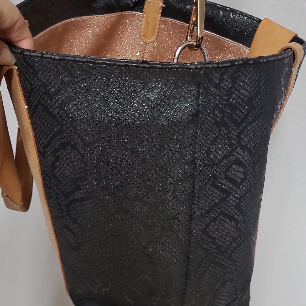 Consuela Black and Tan Crossbody Bag with Pink and Green Accents - Picture 4 of 8